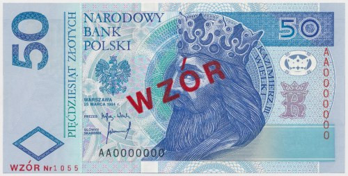 50 złotych 1994 - WZÓR - AA 0000000 - Nr 1055 Reference: Miłczak 198Wa
Grade: U...