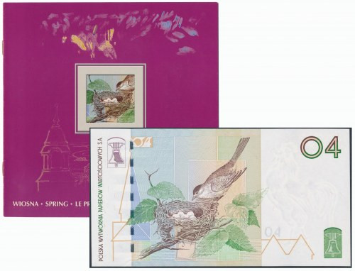 PWPW Ptaszki 04 - AA - dzwon farbą - w emisyjnym folderze Egzemplarz banknotu se...