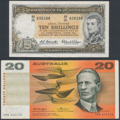 Australia, 10 Shillings & 20 Dollars (2pcs) 10 shillings st.3; 20 dollars st.4+ ...