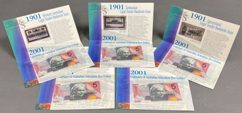 Australia, 5 Dollars 2001 - in folder (5pcs) Banknoty w stanie emisyjnym, w fold...