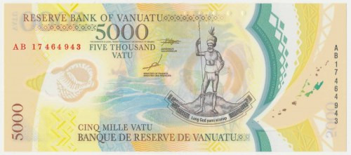 Vanuatu, 5.000 Vatu (2017) - Polymer Reference: Pick 19
Grade: UNC 

More pho...