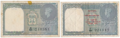 India & Burma, Military Administration, 1 Rupee 1940 (2pcs) 
Grade: ~3, 3 

M...