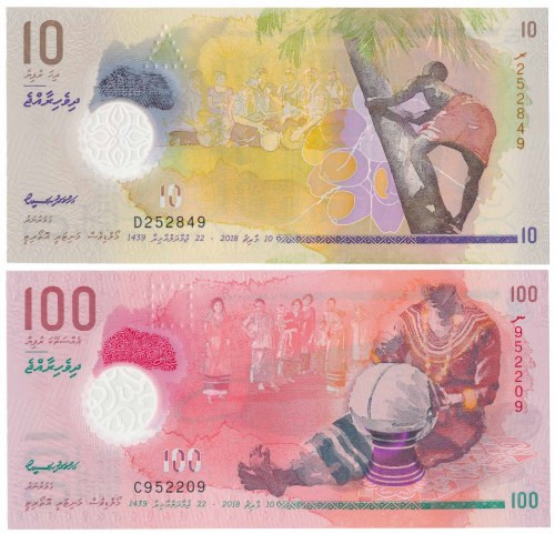 Maldives, 10 & 100 Rufiyaa 2018 - Polymers (2pcs) 
Grade: UNC 

More photos a...