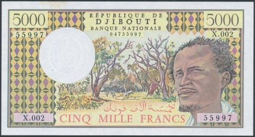 Djibouti, 5.000 Francs (1979) Bez ugięć, zaciek u góry.&nbsp; Reference: Pick 38...