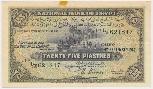 Egypt, 25 Piastres 1942 Taśma na górnym marginesie na awersie.&nbsp;
Reference:...