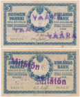 Finland, 2x 5 Markkaa 1909 With Underprint VÄÄRÄ / Mitätön (2pcs)