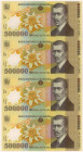 Romania, 500.000 Lei 2001 - Polymer - Uncut Strip of 4 with certificate