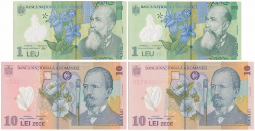 Romania, 1 & 10 Lei 2005-2018 - Polymers (4pcs) 
Grade: UNC 

More photos and...