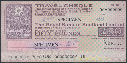 Scotland, Travelers Cheque SPECIMEN 50 Pounds Wymiary: 155 x 86 mm.&nbsp; 

Gr...