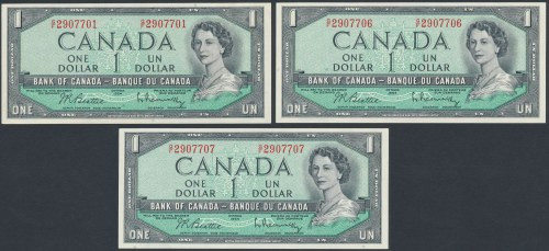 Canada, 1 Dollar 1954 (3pcs) Signatures: Beattie & Rasminsky. 
Reference: Pick ...