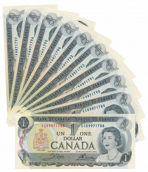 Canada, 1 Dollar 1973 (10pcs) Sigantures: Crow & Bouey.&nbsp;
Reference: Pick 8...