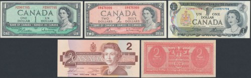 Canada, 1 & 2 Dollars 1954-1986 & Germany, 2 RM (5pcs) W stanie 2 + (z zagniotką...