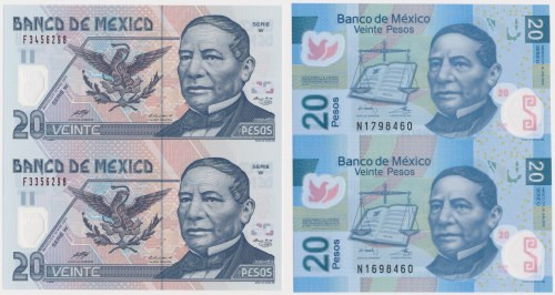 Mexico, 2x 20 Pesos 2003 & 2x20 Pesos 2012 - Uncut Strip of 2 - Polymers (4pcs) ...