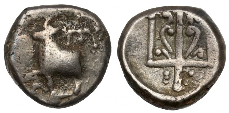Thrace, Byzantion, Hemidrachm (4th century BC) Obverse: ΠΥ Forepart of cow stand...