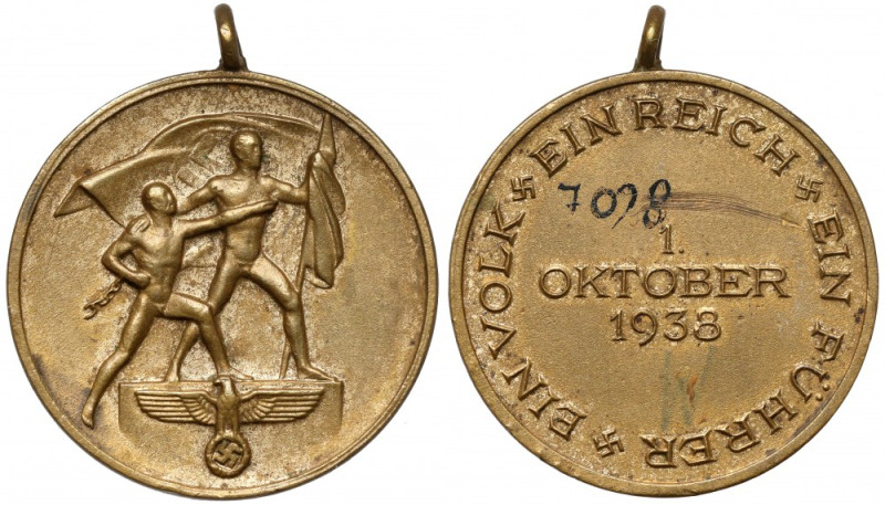 Niemcy, III Rzesza, Medal 1 Oktober 1938 EIN REICH, EIN... Zadrapanie na stronie...