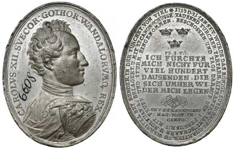 Szwecja, Karol XII, Medal 1713 - bitwa z Turkami pod Bender Piękny i rzadki w ta...