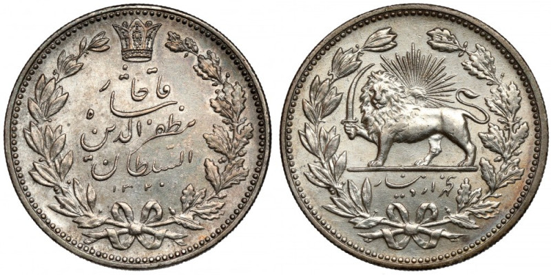 Iran, Mozaffar od-Din Qajar, 5000 Dinar AH1320 (1902) Srebro, średnica 36,1 mm, ...