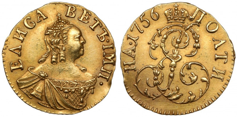 Russia, Elisabeth, Poltina in gold 1756, Moscow Rzadka pozycja. 
 Lekko wyświec...