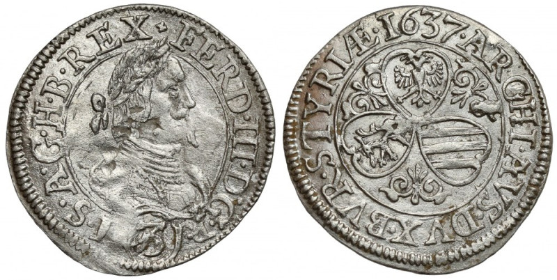 Austria, Ferdinand III, 3 kreuzer 1637, Graz Drobne wady blachy na awersie. Ładn...