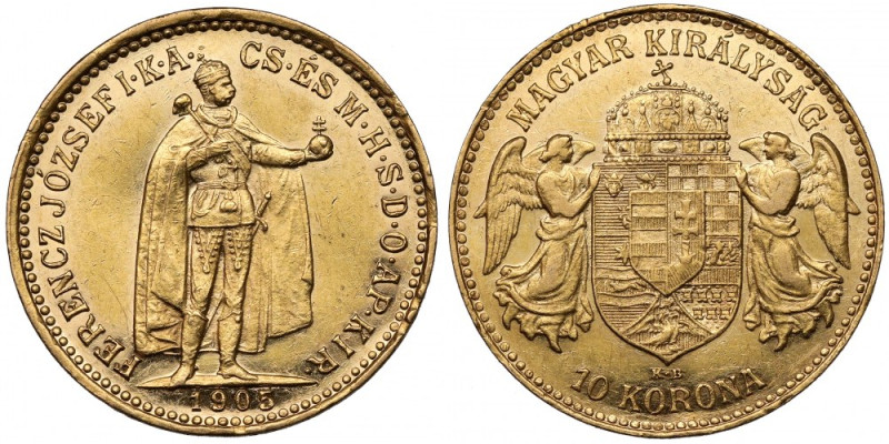 Hungary, Franz Joseph I, 10 corona 1905 KB Złoto, średnica 18,8 mm, waga 3,36 g....