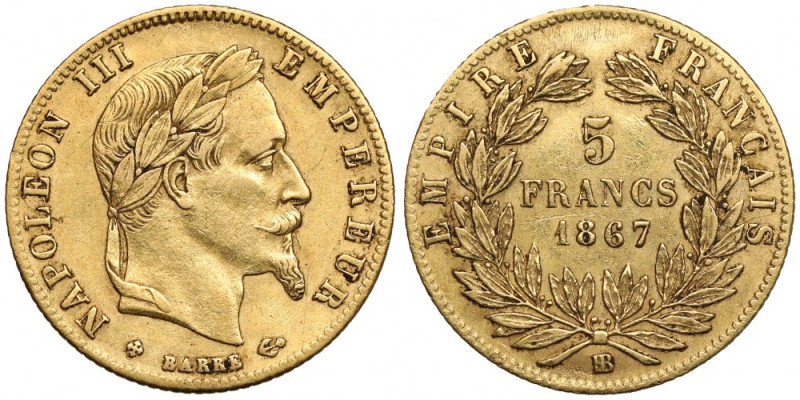 France, Napoleon III, 10 francs 1867-BB, Strasbourg Złoto, średnica 16,5 mm, wag...