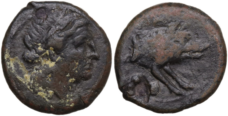 Northern Lucania, Paestum, c. 218-201 BC. Æ Sextans (16,5 mm, 3,3 g). Female hea...