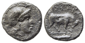 Southern Lucania, Thourioi, c. 443-400, AR Diobol (10,05 mm, 1,00 g). Head of Athena r., wearing wreathed Attic helmet. R/ Bull walking r.; in exergue...