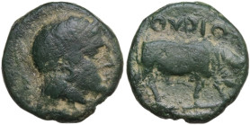 Southern Lucania, Thourioi, c. 435-410/05 BC. Æ (14 mm, 2,8 g). Helmeted head of Athena r. R/ Bull walking r.; in exergue, fish r. HNItaly 1904. Good ...