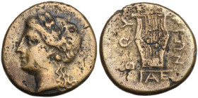 Southern Lucania, Thourioi, after 280 BC. Æ (14,7 mm, 2,9 g). Laureate head of Apollo l. R/ Lyre. HNItaly 1926. Very fine.