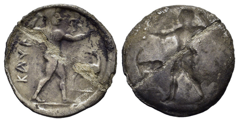 Bruttium, Kaulonia, c. 525-500 BC. AR Stater (28,00 mm, 6,40 g). KAVΛ, Apollo st...