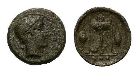 Sicily, Leontini, c. 405-402 BC. Æ Tetras (14 mm, 1,7 g). Head of Apollo r., wea...