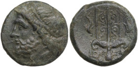 Sicily, Syracuse. Hieron II (275-215 BC). Æ (18,5 mm, 6,45 g). Head of Poseidon l., wearing tainia. R/ Ornamented trident head flanked by two dolphins...