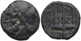 Sicily, Syracuse. Hieron II (275-215 BC). Æ (18,6 mm, 5,65 g). Head of Poseidon l., wearing tainia. R/ Ornamented trident head flanked by two dolphins...