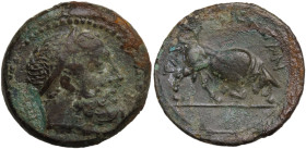 Sicily, Tauromenion, c. 275-216. Æ (23,25 mm, 9 g) Head of Herakles r., wearing taenia; behind, monogram. R/ Bull butting r. CNS 19/8; Virzi 2033. Rar...