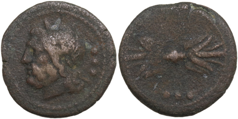 Sicily, Uncertain Roman mint, c. 190 BC. Æ Tetras (22,4 mm, 6 g). Laureate head ...