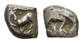 Thraco-Macedonian Tribes, Uncertain, c. 5th century BC. AR Drachm (12 mm, 4 g). Goat kneeling l., head reverted. R/ Quadripartite Incuse square punch....