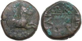 Thrace, Maroneia, c.398/7-348/7 BC. Æ (13 mm, 4 g). Horse galloping r.; below, monogram. R/ Grape vine with four bunches of grapes within linear squar...