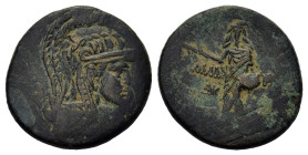Pontos, Amisos. Time of Mithradates VI Eupator, c. 85-65 BC. Ӕ (29 mm, 18,9 g). Helmeted head of Athena r. R/ Perseus standing facing, holding harpa a...