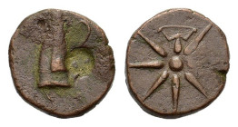 Pontos, Uncertain. Time of Mithradates (111-105 or 95-90 BC). Æ (21,5 mm, 10,6 g). Quiver; to r., countermark: helmet in round incuse. R/ Eight-pointe...