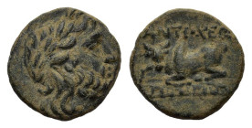Caria, Antiochia ad Maeandrum, c. 2nd Century BC. Æ (16 mm, 3,6 g). Head of Zeus r. R/ Bull lying l. on maeander pattern. SNG Copenhagen 29; BMC 4. Ab...