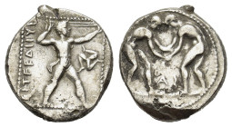 Pamphylia, Aspendos, c. 380-325. AR Stater (20,9 mm, 10,79 g). Two wrestlers grappling; between, AΣ. R/ Slinger in throwing stance r.; in r. field, tr...