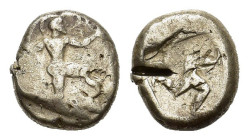 Pamphylia, Aspendos, c. 465-430 BC. AR Stater (19 mm, 11 g). Warrior advancing r., holding shield and spear. Triskeles within incuse square. SNG Copen...