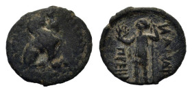 Pamphylia, Perge, c. 260-230 BC. Æ (14,7 mm, 1,8 g). Sphinx seated r., wearing kalathos. R/ Artemis standing l., holding wreath and scepter.SNG France...