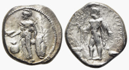 Pamphylia, Side, c. 400-380 BC. AR Stater (24mm, 10.70g, 7h). Athena standing l., holding owl and shield; pomegranate to l., spear to r. R/ Apollo sta...