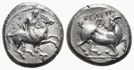Cilicia, Kelenderis, c. 425-400 BC. AR Stater (21mm, 10.59g, 9h). Naked figure, holding whip and reins, dismounting from horse rearing r.; T below. R/...