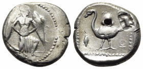 Cilicia, Mallos, c. 440-390 BC. AR Stater (22mm, 10.53g, 12h). Winged male figure advancing r., holding solar disk in both hands. R/ Swan standing l.;...