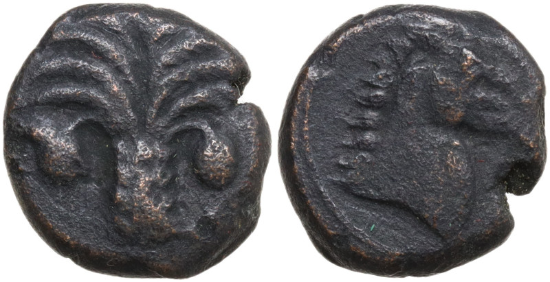 Zeugitania, Carthage, c. 350-320 BC. Æ Unit (14 mm, 4,3 g). Palm tree. R/ Head o...