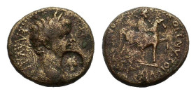 Phrygia, Hierapolis. Claudius (41-54). Æ (19 mm, 6 g). Laureate head r.; countermark: radiate head. R/ God on horseback r., holding double axe. RPC I,...