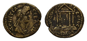 Phrygia, Laodicea ad Lycum. Domitia (Augusta, 82-96). Æ (20 mm, 5 g). Cornelius Dioscurides, magistrate. Draped bust r. R/ Tetrastyle temple. RPC II 1...
