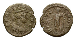 Phrygia, Bruzus. Pseudo-autonomous issue, c. 2nd-3rd centuries AD. Æ (18,3 mm, 3,1 g). Turreted head of Tyche r. R/ Hermes standing l., holding purse ...